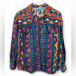 Vintage 90s Southwest‎ Canyon Western Shirt Medium Bold Aztec Geometric Cotton